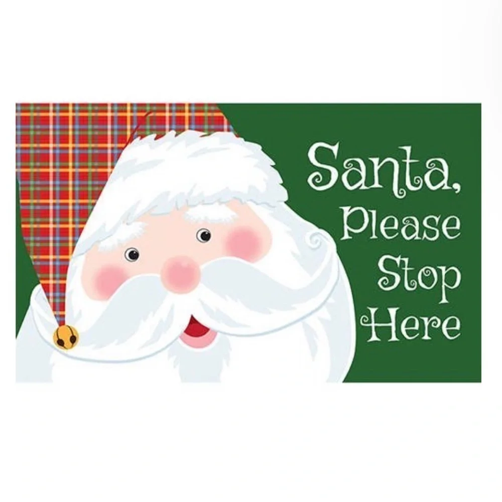 Holiday Santa Doormat Please Stop Here Christmas Indoor Outdoor PlaidGreen Red